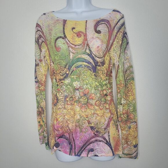 Bright pink green yellow semi sheer lace like abstract art to wear top size med - Picture 1 of 7